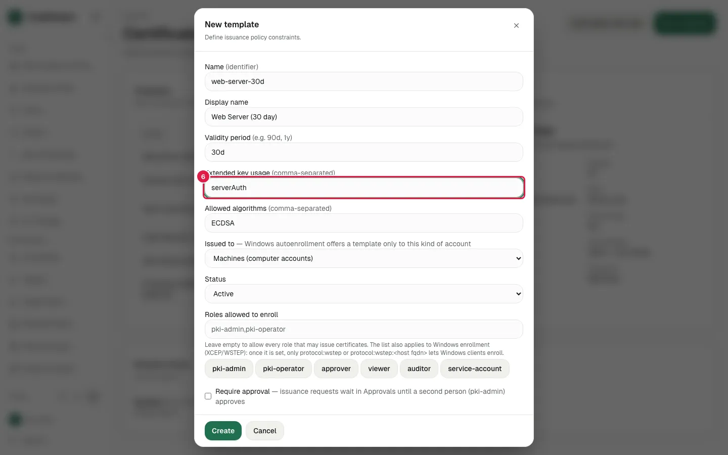 Fill Extended key usage with "serverAuth"